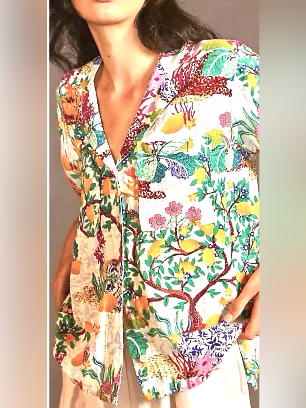 Maeve Anthropologie Lemon Print  Linen Surf Shirt 
Size Large
